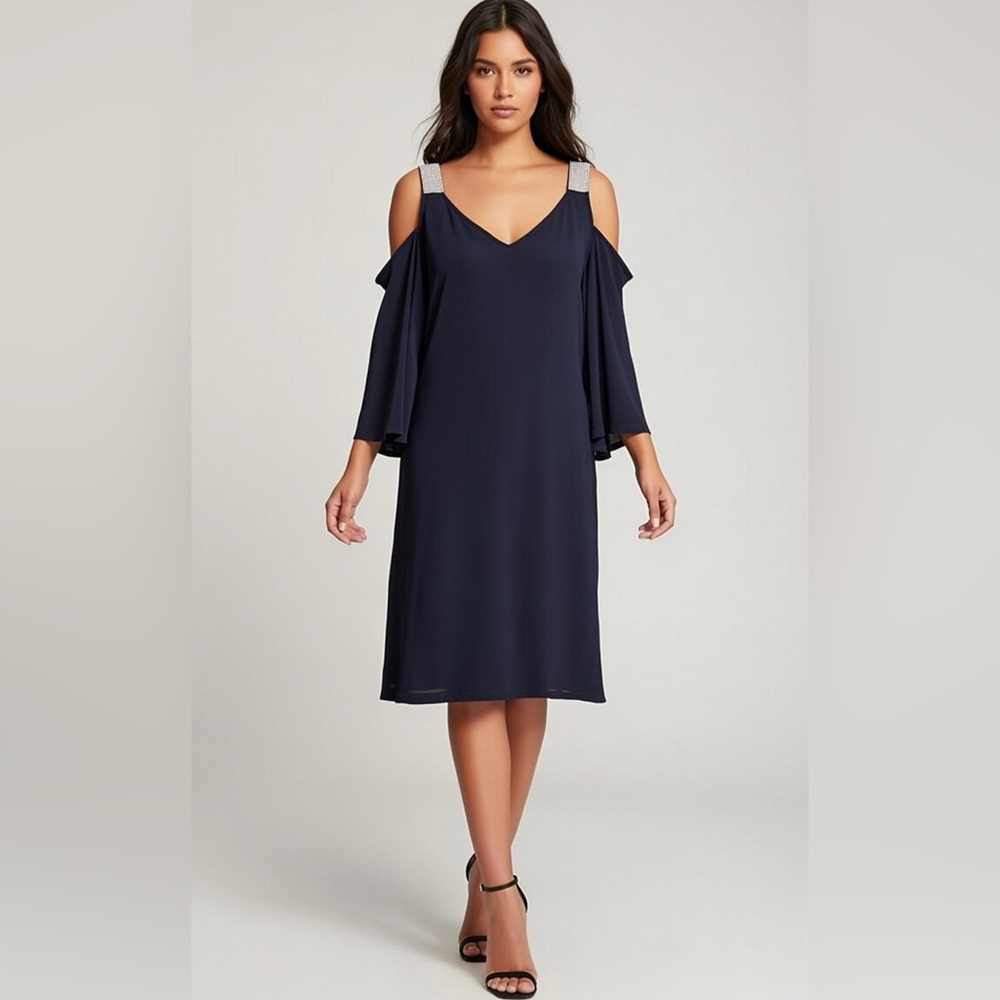 MSK Navy Blue Cold Shoulder Flowy Dress with Silver Embellished Straps
